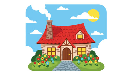 Flat illustration of a cozy countryside cottage with smoking chimney, flowers, and cobblestone path. Ideal for comfort, nature, and rural life themes