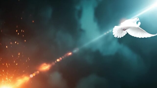 White Dove of Peace Flying Away from a Dramatic Fire Explosion and Battle Towards a Brilliant Ray of Celestial Light and Freedom.