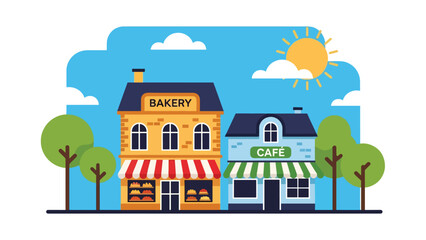 Flat scene of a village square with bakery, café, bicycles, and people walking. Perfect for travel, lifestyle, and European tourism themes