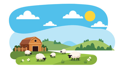 Flat illustration of sheep grazing in a green meadow with barn and hills. Ideal for farming, nature, and peaceful countryside themes