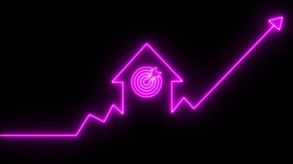 Home icon house sign neon animation with up arrow target icon, target icon. Neon House, home building animation. Neon home business graph icon - Powered by Adobe