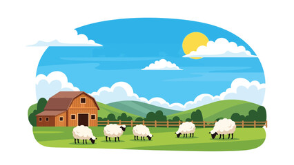 Flat illustration of sheep grazing in a green meadow with barn and hills. Ideal for farming, nature, and peaceful countryside themes