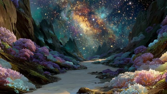 Fantasy alien planet landscape path walking through colorful magic flowers valley under starry galaxy night sky background backdrop surreal dream space nature concept