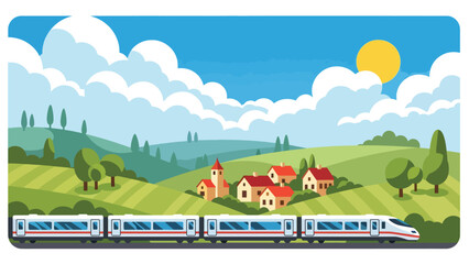 Flat illustration of a train passing through European countryside hills and villages. Perfect for travel, transport, and scenic concepts © meeblues