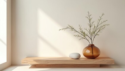 Fototapeta premium Wooden floating shelf for product display. Holds brown vase with green plant branch, smooth pebble stone for natural decor. Bright wall background, soft window light, modern minimal zen interior