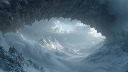 Cinematic fantasy winter landscape view from inside giant ice cave arch looking at snowy mountain peaks with dramatic clouds fog background backdrop epic adventure frost scenery - Powered by Adobe