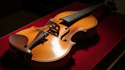 An antique wooden violin with a bow rests against a black background, showcasing the elegant strings and craftsmanship of this classical orchestral instrument