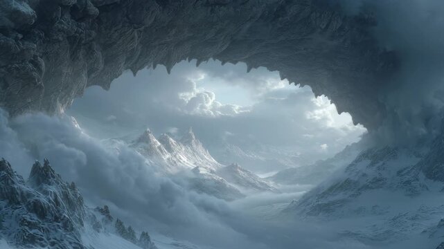Cinematic fantasy winter landscape view from inside giant ice cave arch looking at snowy mountain peaks with dramatic clouds fog background backdrop epic adventure frost scenery