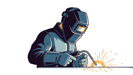 A welder in protective gear is actively welding metal with sparks flying from the intense heat.