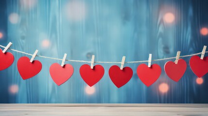 Cute hearts hanging on strings on isolated blue background. Valentine's Day background, Mother's day, birthday greeting cards, invitations, holiday concept.