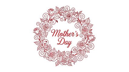 A decorative circular wreath of line art roses and swirls with 'Mother's Day' text in the center, on a white background.