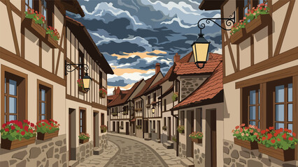 Flat illustration of a European old countryside street with lanterns, cobblestone, and flowers. Ideal for travel and culture themes © meeblues