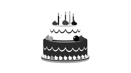 A black and white illustration of a three-tiered birthday cake with candles and decorative frosting on a white background.