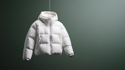 A pristine white puffer jacket is suspended against a soothing green backdrop. The garment embodies modern style with its clean lines and plush texture, perfect for winter.