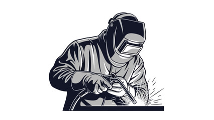 A welder wearing protective gear and a helmet is actively welding metal, creating sparks.