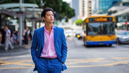 Stylish Asian Businessman In Professional Blue Suit And Crisp Pink Shirt Crossing Road In City Center By Bus Stop