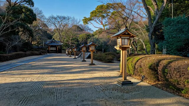 A tranquil pathway is illuminated by lanterns, surrounded by beautifully manicured trees and plants on a sunny day