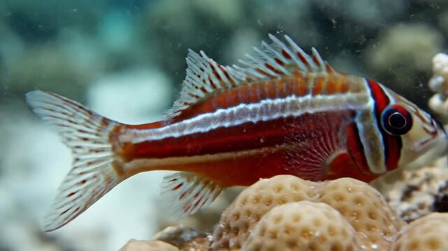 Underwater fish with striped pattern swimming near coral reef