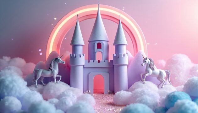 Whimsical papercraft castle in pastel purple and white with elegant unicorn statues on clouds. Glowing pastel rainbow arcs overhead. Fantasy landscape with shimmering fairy dust and stars. - Powered by Adobe