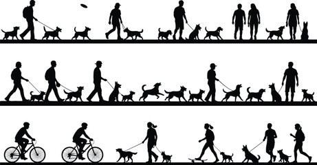 Silhouette collection of people walking dogs, running, biking, and playing with pets, active outdoor lifestyle scenes for design use