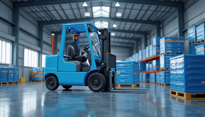Naklejka premium Blue forklift stands in big industrial warehouse with concrete floor. Many blue boxes stacked on wooden pallets, shelves. Large facility for cargo storage, logistics, fast distribution. Modern