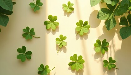 Green shamrock leaves scattered on light yellow surface. Natural light casts gentle shadows creating a subtle pattern. Minimalist botanical design suggests luck and freshness for spring.