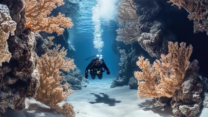 Video Diver explores colorful coral reef, potential for use in ocean conservation or educational contexts