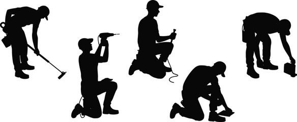 Silhouette construction workers using tools, kneeling, bending, and performing tasks, professional handyman labor poses for industry design projects