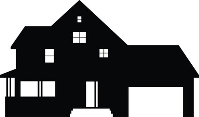 Silhouette of residential house with windows, porch, and roofline, classic home architecture illustration for real estate and design projects