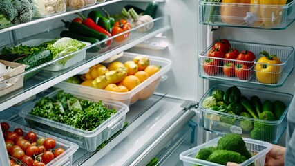 An individual selects fresh vegetables from a refrigerator packed with colorful produce, promoting healthy eating habits and choices