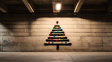 Urban holiday charm: a festive Christmas tree mural brightens a concrete wall. Colorful ornaments add a touch of whimsy to the industrial backdrop. Celebrating art.