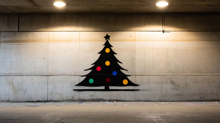 Holiday cheer meets urban grit in a bold graffiti art piece. A Christmas tree with colorful ornaments adorns a concrete wall, illuminated by overhead lights, blending festive spirit with street style.