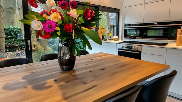 Contemporary dining space with stylish table and black chairs, accented by a bright floral arrangement and open kitchen layout