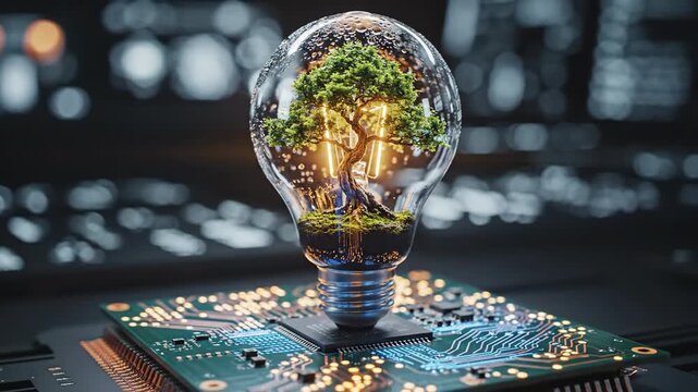 A tree encased in a lightbulb rests on a circuit board, with a blurred background