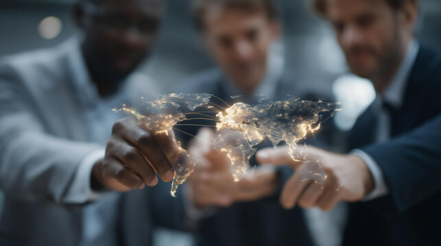 A cross-border business team collaborating on a shared holographic map, glowing trade routes linking continents as executives discuss global expansion — international strategy, digital - Powered by Adobe