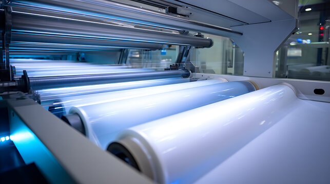Automated industrial process, with parallel rollers conveying materials with precision and efficiency. Metal framework and smooth cylindrical surfaces dominate the scene.