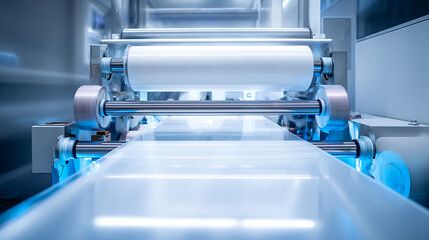 Automated production line with transparent film rolling through metal machinery. Precision manufacturing process captured in a clean, industrial setting. #automation