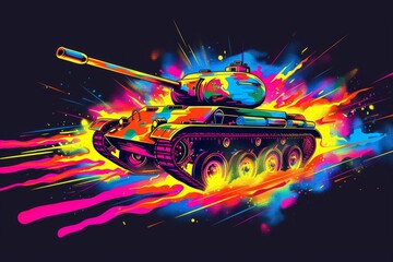 Obraz premium The tank is in battle, firing at the enemy. Object with colorful splashes on black background. Neural network ai generated art