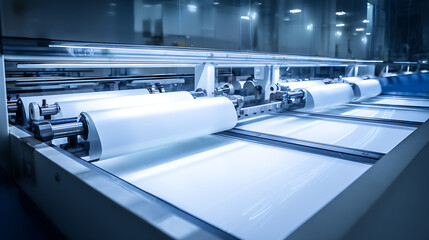 Automated production line with large white rolls, industrial facility, efficiency, and precision machinery in an advanced manufacturing environment. #production
