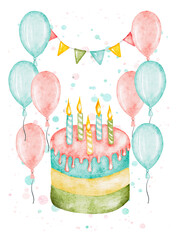 Watercolor birthday cake and balloons greeting card design, hand drawn illustration clip art isolated on white.