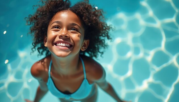 Cute african american girl smiles in swimming pool. Child enjoys summer vacation swim activity. Beautiful kid looks up with happy expression in blue water under sunlight. Recreation time.