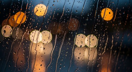 Rainy Window Bokeh Blurred City Lights at Night Reflected on Glass with Water Droplets
