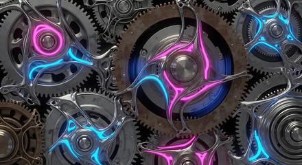 Intricate clockwork gears and futuristic glowing neon circuits in abstract mechanical design