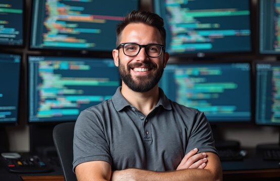 Smiling bearded man in glasses poses in tech office workplace. Software developer, coding expert. Multiple computer monitors behind display colorful program code. Looks happy, confident at desk.