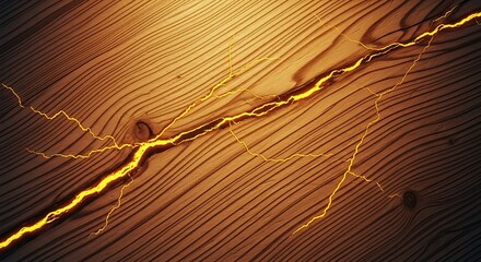 Dynamic Wooden Surface with a Luminous Golden Crack, Revealing Raw Power and Natural Beauty in a Dramatic Textured Display