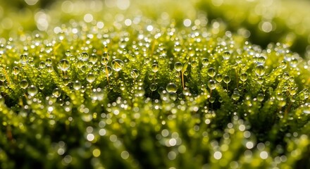 Macro shot of vibrant green moss covered with sparkling dew drops, reflecting light. Capturing the fresh, intricate texture and delicate beauty of nature after a morning rain