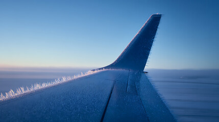 Frozen in Flight: Witnessing a plane's wing glazed in ice crystals high above the clouds, a stark reminder of winter's icy grip on aviation. Serene sky above.