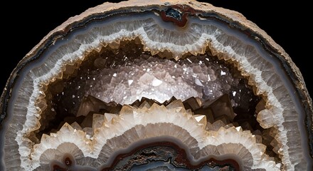 Detailed view of a geode cross-section revealing a breathtaking internal landscape of sparkling crystals and layered mineral deposits, a true geological wonder