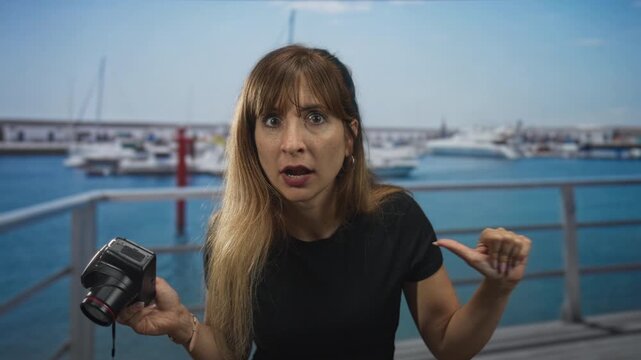 Young caucasian woman holding compact camera and thumb to chest by a pier railing on a street; self assertion defiance.
