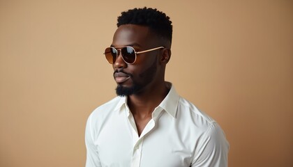 Young black man wears sunglasses and white shirt, looking aside. Studio portrait of stylish guy with beard, neutral beige background. Casual fashion style for men.